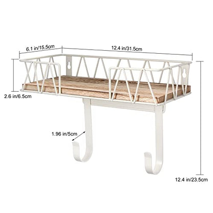 TJ.MOREE Ironing Board Hanger Wall Mount - Laundry Room Decor Iron and Ironing Board Holder with Large Storage Wooden Base Basket and Removable Hooks(T&V Shaped) Cream
