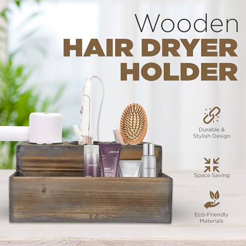 Besti Wooden Hair Dryer Holder – Hair Tools and Styling Supplies Organizer and Storage for Vanity and Bathroom - Natural Elegant Design - Multi-Functional Caddy for Accessories, Makeup, Toiletries