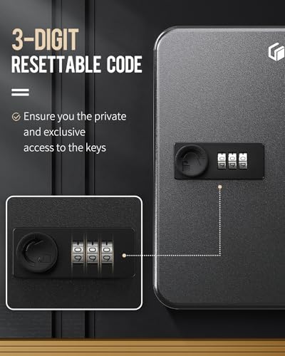 Uniclife 20-Key Steel Key Cabinet, Black Key Box with Combination Lock | Resettable Digital Security Storage Box, Wall-Mounted Key Organizer with Colorful Key Tag Labels for Schools and Companies