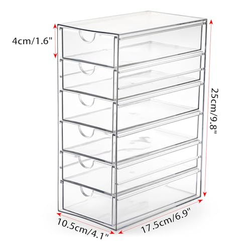 Hipiwe Plastic Drawer Organizer Desktop Storage Box with 6 Pull Out Drawers | Clear Compact Drawers Box for Cabinet Vanity Bathroom Bedroom Pantry Shelf Office Closet Organization