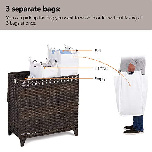 Laundry Hamper with 3 Removable Liner Bags, 132L Laundry Sorter with Lid | Raised Feet; Side Carry Handles; Handwoven PP Rattan; Rust-Resistant Iron Frame; Decorative Woven Design