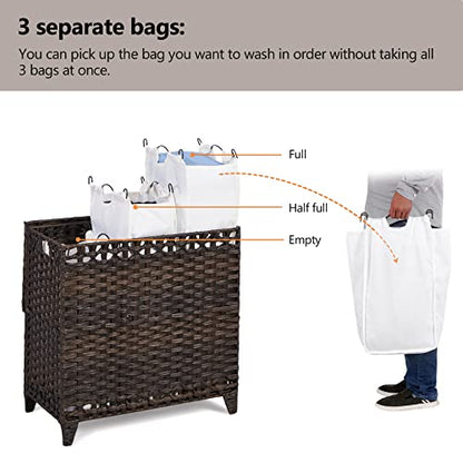 Laundry Hamper with 3 Removable Liner Bags, 132L Laundry Sorter with Lid | Raised Feet; Side Carry Handles; Handwoven PP Rattan; Rust-Resistant Iron Frame; Decorative Woven Design