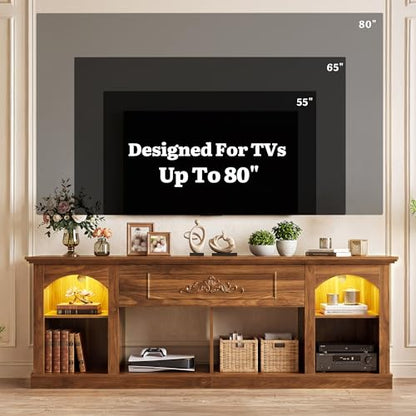 YITAHOME Farmhouse TV Stand with LED Lights for Living Room, Walnut | 70 inch Entertainment Center with Flip-Down Carved Door, Media Console for 75/80 Inch TV, Adjustable Shelf & Open Storage