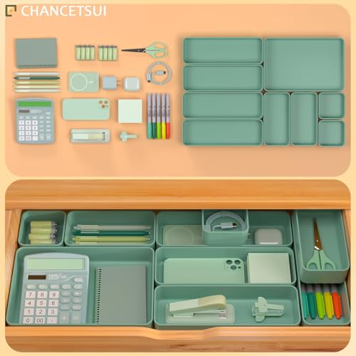 CHANCETSUI 9 Pcs Stackable Drawer Organizer Trays Set, Green, Multifunctional Storage for Vanity, Bathroom, Kitchen, Desk Drawer Organizer Office, PET Plastic | sage green desk shallow vanity plastic office junk small bins kitchen