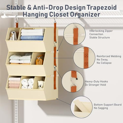 Hanging Closet Organizer Extra Large, Clothes Hanging Shelves for Closet with Divider, Collapsible Closet Storage System, Fabric Closet Hanging Organizer for Home, Dorm, Rv, ,Handbags, Underwear, Sock