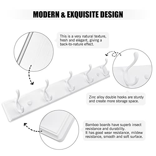 Wooden Coat Rack, Wall-Mounted Organizer for Closet, Entryway, Hallway, Foyer, Bedroom, Heavy Duty Double Hooks for Hanging Towels, Bags, Hats, Jackets, Key (White, 5 Hooks)