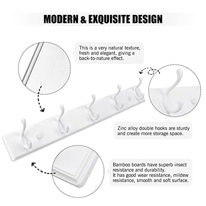 Wooden Coat Rack, Wall-Mounted Organizer for Closet, Entryway, Hallway, Foyer, Bedroom, Heavy Duty Double Hooks for Hanging Towels, Bags, Hats, Jackets, Key (White, 5 Hooks)