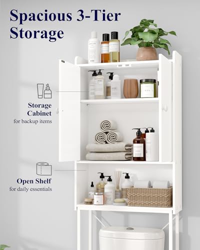 Kitsure 68.1"H Over Toilet Storage Cabinet, Magnetic Door, Adjustable Shelf | Bathroom, Laundry Room, Small Spaces, Families, Multi-Compartment Storage, Anti-Tip Design, White, 3 Tier Storage