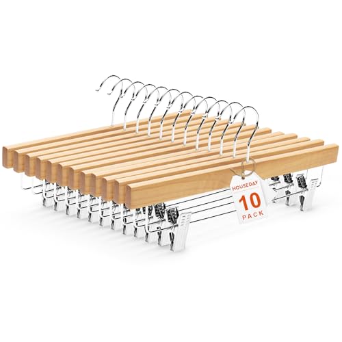 HOUSE DAY Wooden Pants Hangers with Clips, 10 Pack Skirt Hangers, Natural | 14-Inch Wood Hangers with Adjustable Non-Slip Metal Clips & 360° Swivel Hooks, Heavy Duty for Jeans, Slacks, Trousers, Shorts
