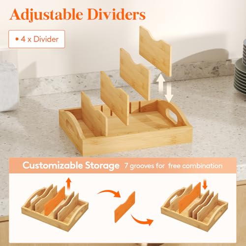 Lifewit Bamboo Lid Organizers for Inside Cabinet, Food Storage Container Lid Holder with 4 adjustable Inserts & 5 Sections, Kitchen Pantry organizer and storage, 10.6" X 8.3"