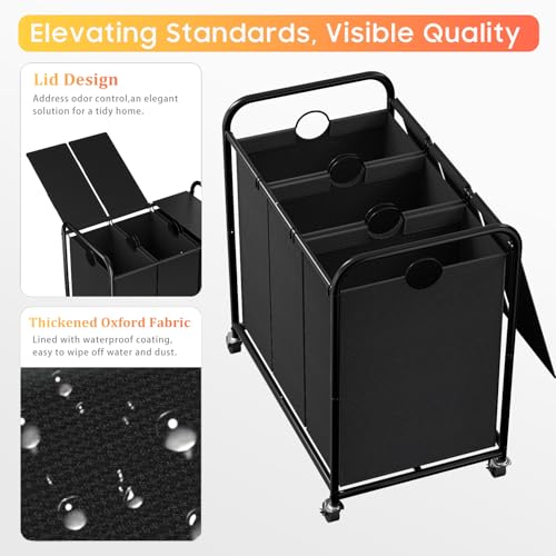 180L Laundry Sorter 3 Section, Rolling Laundry Basket with Wheels and Lid | 47.55 Gal Laundry Hamper, 3 Separated Removable Bags, Lockable Wheels, Dirty Clothes Hamper for Laundry Room Organizer, Black