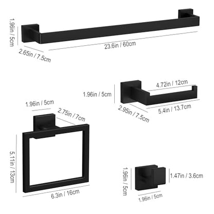10-Pieces Matte Black Bathroom Accessories Set 23.6 Inch Towel Bar Set. | SUS 304 Stainless Steel Bathroom Hardware Set Towel Racks for Bathroom, Robe Towel Hooks, Toilet Paper Holder Wall Mounted.