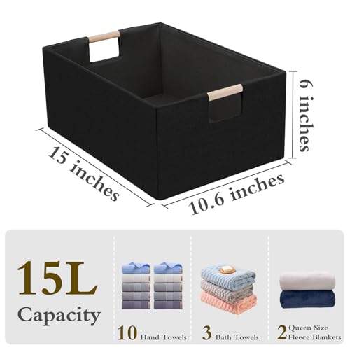 Foldable Fabric Storage Basket for Shelves, Linen Decorative Storage Bin with Wooden Handles, Small Organizer Cube for Closet, Rectangle Canvas Box for Organizing, Decor, 15x10.6x6 Inches (Blcak)
