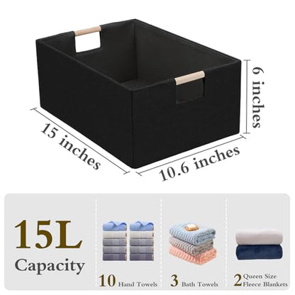 Foldable Fabric Storage Basket for Shelves, Linen Decorative Storage Bin with Wooden Handles, Small Organizer Cube for Closet, Rectangle Canvas Box for Organizing, Decor, 15x10.6x6 Inches (Blcak)