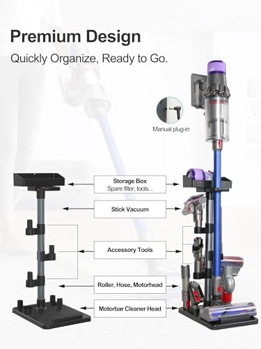 Cordless Vacuum Stand, Adjustable Height, 7 Accessory Holders, Storage Box, Vac Standing Dock Compatible with Stick Vacuum Cleaners (Max. 1 4/5" Vac Wand)