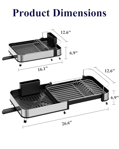 Kitsure Expandable Metal Dish Drying Rack, 16.1-26.6" L x 12.6" W, Black | Dish Racks for Kitchen Counter, Auto-Drain Drying Rack for Kitchen, Cutlery Holder, Non-Slip Feet, Anti-fall Fence