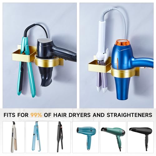 Hair Dryer Holder Wall Mounted, Hair Straightener Holder, Blow Dryer Holder Adhesive, Hair Tool Organizer for Flat Iron, Hairdryer, Curling Iron Holder for Bathroom Vanity Barber Shop (Gold)