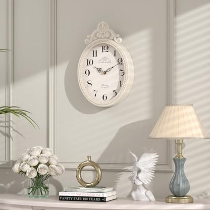 Abdurey Small French Retro Decor Wall Clock, Ivory White Vintage Oval Style | Silent Battery Operated Boho Decorative Wall Clocks for Farmhouse,Kitchen,Bedroom,Bathroom(10.4"H x 6.7"W)