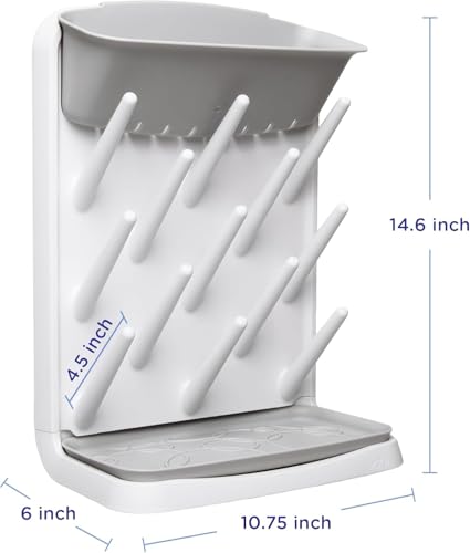 Ubbi Vertical Baby Bottle Drying Rack, Space Saving Countertop Bottle Dryer | 13-Peg Bottle Drying Rack Removable Drain Tray, Baby Organizer for Pump Parts, Pacifiers & Accessories, Dishwasher Safe, Gray