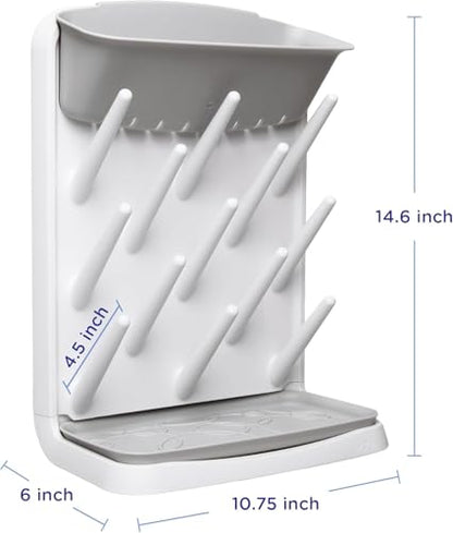 Ubbi Vertical Baby Bottle Drying Rack, Space Saving Countertop Bottle Dryer | 13-Peg Bottle Drying Rack Removable Drain Tray, Baby Organizer for Pump Parts, Pacifiers & Accessories, Dishwasher Safe, Gray