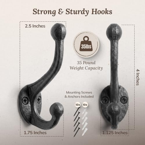 Rustic Cast Iron Coat Hooks (5 Pack) Wall Mounted Farmhouse Decorative Wall Hooks, Vintage Hooks for Hanging Coats, Bags, Hats, Towels (Antique Black, Includes Hardware)