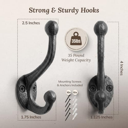 Rustic Cast Iron Coat Hooks (5 Pack) Wall Mounted Farmhouse Decorative Wall Hooks, Vintage Hooks for Hanging Coats, Bags, Hats, Towels (Antique Black, Includes Hardware)