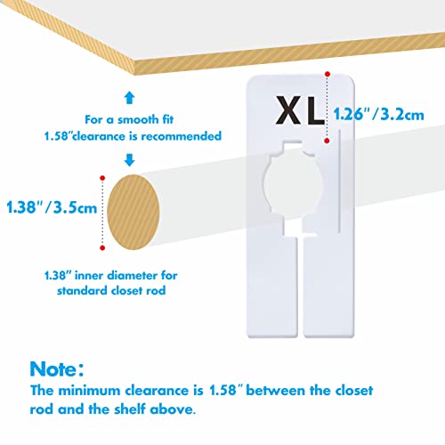 40 Pack Rectangular White Plastic Clothing Size Closet Rack Dividers Hangers, Preprinted in 8 Sizes XXS, XS, S, M, L, XL, XXL, XXXL (2.5”x 5”, Inner Diameter 1.38”)