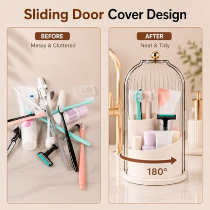 Rotating Toothbrush Holder with Cover, Storage for Bathroom, Dustproof Toothbrush Holder with Sliding Lid Electric Tooth Brush and Makeup Brush Organizer for Vanity, Dustproof with Cover