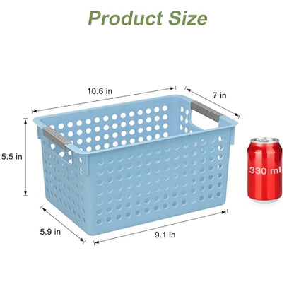 4 Pack Plastic Storage Basket with Handles, Small... (Blue | Plastic)