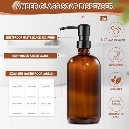 Kitchen Soap Dispenser Set with Wood Riser Tray, Amber Glass Soap Dispenser with Stainless Steel Pump, Hand and Dish Soap Dispenser Set for Kitchen, Soap and Lotion Dispenser Bathroom Decor(Amber)