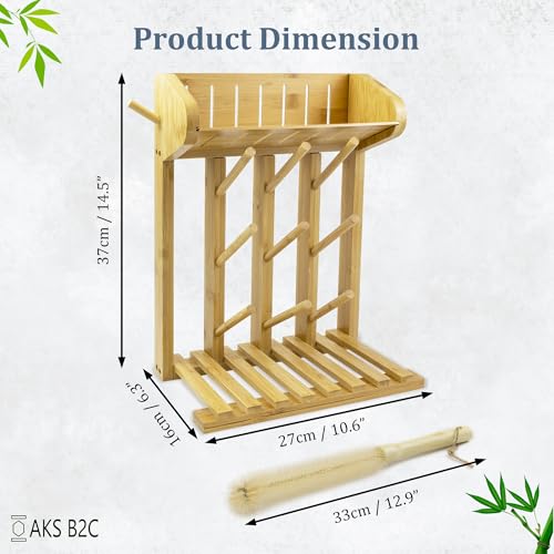 Bamboo Baby Bottle Drying Rack, Vertical Space Saving Kitchen Organizer, 9 Bottle Capacity, Countertop Storage Holder and Bottle Dryer with Draining Base (Comes with a Free Cleaning Brush)