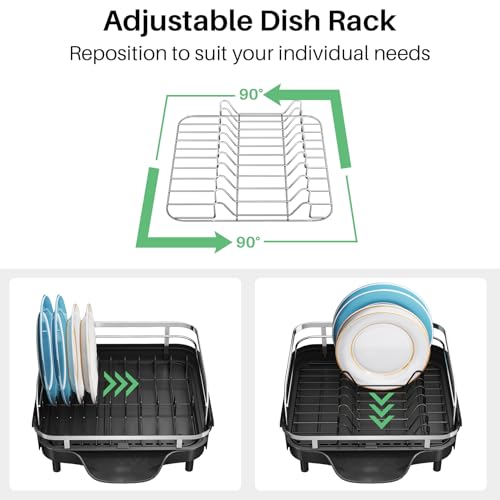 SNTD Expandable Dish Drying Rack for Kitchen Counter, 15.2-22.1 in, Black | Rust-Resistant Stainless Steel, Protective Side Rails, Self-Draining Drainboard, Removable Utensil Holder