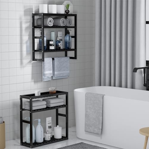 PPN Towel Rack Bathroom Storage Shelves Over The Toilet with Towel Bar 100% Bamboo Adjustable Height Floating Shelf Wall Shower Shelf for Small Space Bathroom Kitchen Multi Usage (Black-1Pack)