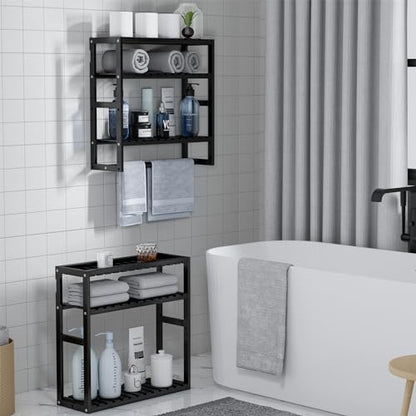 PPN Towel Rack Bathroom Storage Shelves Over The Toilet with Towel Bar 100% Bamboo Adjustable Height Floating Shelf Wall Shower Shelf for Small Space Bathroom Kitchen Multi Usage (Black-1Pack)