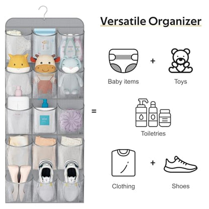 MISSLO 30 Large Pockets Dual Sided Hanging Shoe Organizer for Closet with Rotating Hanger Hanging Shoe Shelves, Grey