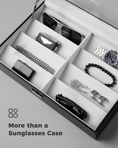 ProCase 8/16 Slots Sunglasses Organizer Box with Clear Glass Lid & Lock, PU Glasses Storage Display Case with Tilted Dividers