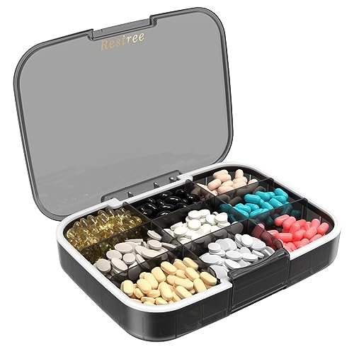 Restree Pill Organizer, Large & Moisture Proof Travel Pill Case, Adjustable Dividers for Daily Vitamins, Supplements, Fish Oil - Portable Medicine Box for Home & On-The-Go, 9 Compartment (Black)