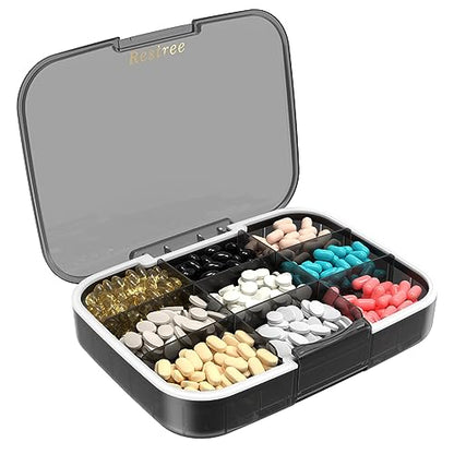 Restree Pill Organizer, Large & Moisture Proof Travel Pill Case, Adjustable Dividers for Daily Vitamins, Supplements, Fish Oil - Portable Medicine Box for Home & On-The-Go, 9 Compartment (Black)