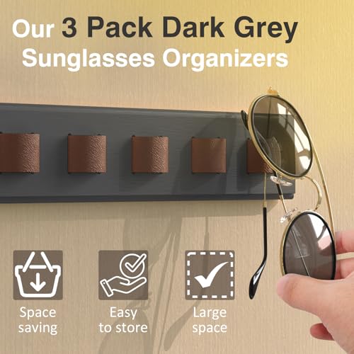 Durmmur Wooden Sunglass Organizer, Wall Mount/3M Adhesive Sunglasses Holder | Holds up to 15 Pairs, 3 Pack Sunglasses Rack Display for Hanging Your Multiple Eyeglasses, for Office, Home Decor(Dark Grey)