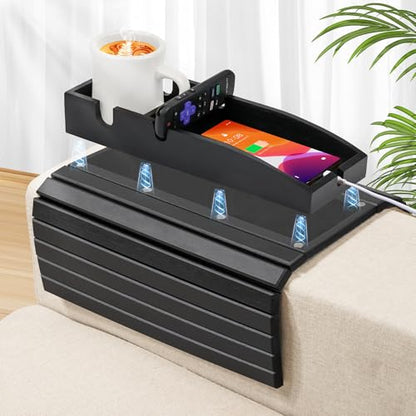 Joy&Grace Couch Cup Holder, 3-in-1 Magnetic Detachable Couch Arm Tray, Bamboo Sofa Armrest Table with Anti-Slip Pad, Sofa Armrest Tray Table (Black)