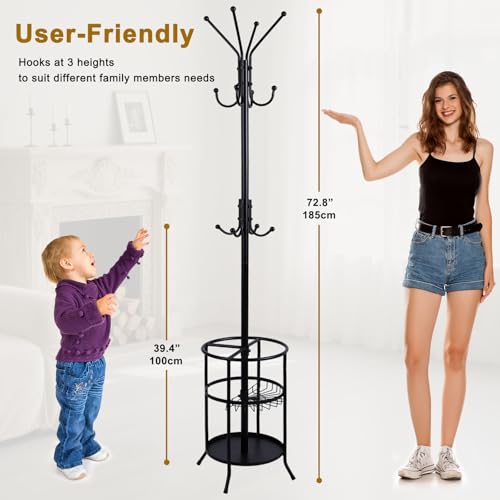 Freestanding Coat Rack with Umbrella Holder,Metal Coat Tree with 12 Hooks for Hanging Coat,Hats,Bag, Black Modern Coat Rack Stand Umbrella Stand for Entryway, Living Room, Bedroom, Office