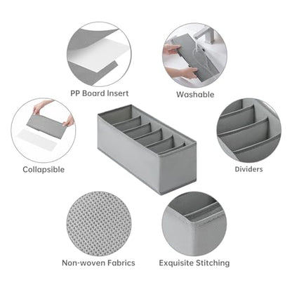 3 Packs Fabric Belt Organizer for Closet and Drawer, Foldable 6 Grids Dresser Drawer Organizers, Belt Tie Holder, Tie Box-Grey