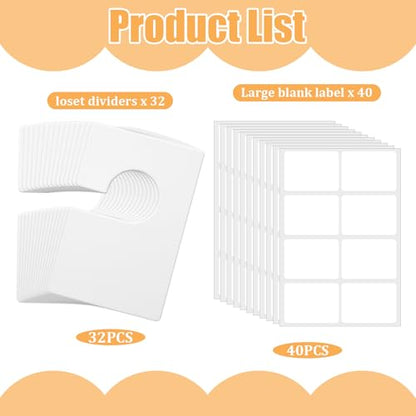 32 Pack Closet Dividers for Hanging Clothes Clothing Size Dividers,Size Markers for Clothing White Clothings Rack Reusable Closet Separators with 40 Labels Rectangular Clothings Closets Divider