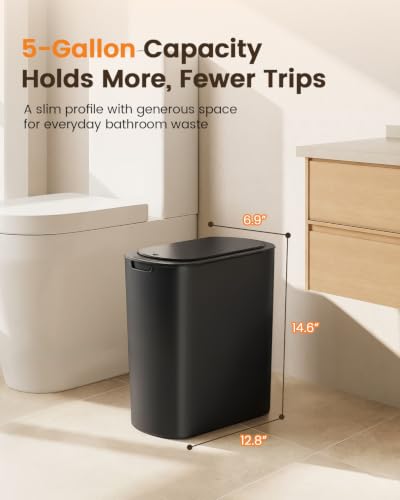 TIPGO 5 Gallon Motion Sensor Bathroom Trash Can with Lid, Automatic Garbage Can Touchless, Smart Plastic Waste Basket for Narrow Spaces, Bathroom, Office, Bedroom, Living Room (Black)