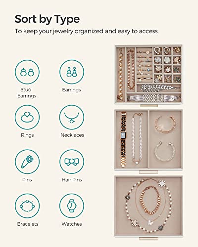 SONGMICS GISELLA Collection - Jewelry Box Organizer with Glass Lid, 3-Layer Jewelry Storage, with 2 Drawers, Modern Style, 8 x 9.1 x 5.3 Inches, Cloud White and Gold Color UJBC239WT
