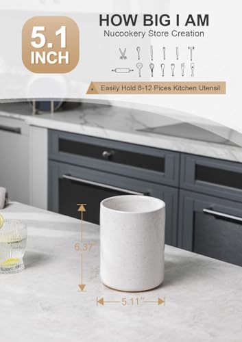 Nucookery Ceramic Kitchen Utensil Holder for Countertop Organizer 6.4" Sand | cooking utensil crock for kitchen counter, sturdy non-slip base,easy to clean,vintage farmhouse kitchen decor, Christmas Gift