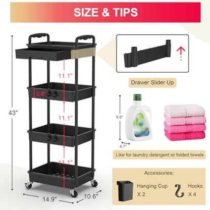 Goovilla 4 Tier Rolling Utility Cart Organizer with Removable Drawer, Black | Stable and Sturdy Rolling Storage Carts with 2 Lockable Wheels for Bathroom, Kitchen, Snack, Craft, Makeup, Baby Essentials