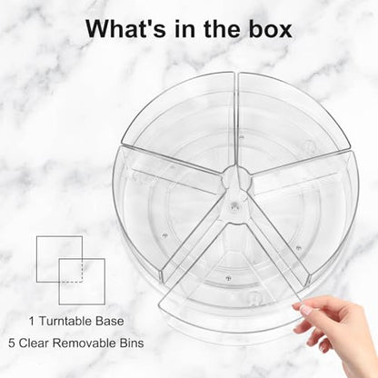 360° Rotating Makeup Organizer 10.5" Clear Turntable Lazy Susan Organizer for Vanity, Bathroom Counter, Cabinet, Spinning Cosmetic Storage Holder with 5 Removable Dividers for Skincare, Makeup Brushes