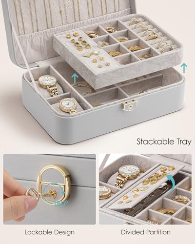 VLANDO 2 Layer Jewelry Box,Jewelry Organizer Storage Lockable Earring Organizer Removable Jewelry Tray with Watch Pillow for Neckable Ring Bracelets-Grey
