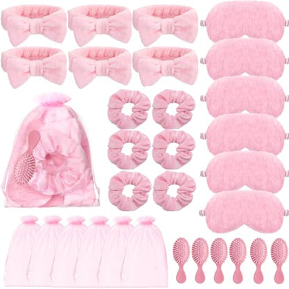 30 Pieces Spa Party Supplies Include Eye Mask Spa Headband with Coquette Bow Plush Sleep Velvet Scrunchies Organza Bags Hair Comb for Sleepover Slumber Party Favor Return Gift